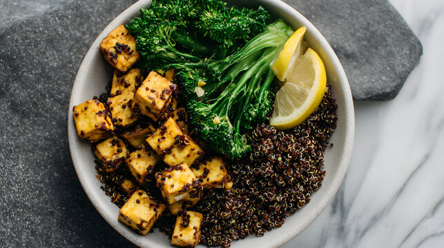 Tofu cube and steamed broccolini bowl with red quinoa and lemon slice, savory plant based meal with healthy greens and citrus zest