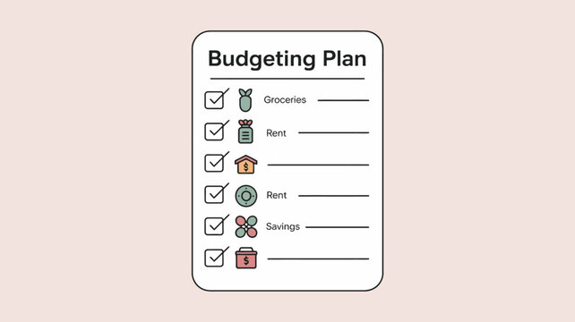 A budgeting plan checklist with icons on a pink background for financial organization and management