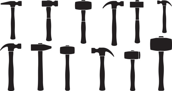 Collection of various black hammers on white background