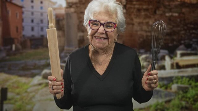 Senior woman holds rolling pin in left hand and whisk in right hand in front of ancient building; family joy.