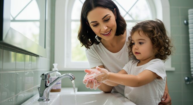 Mother and child washing hands together in a bathroom sink close up