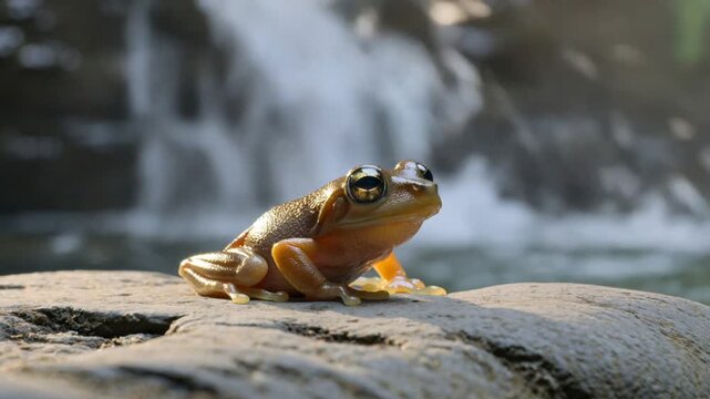 A small brown frog sits on a rock near a waterfall in nature.