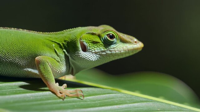 A green lizard perches on a leafy branch in a tropical forest environment.