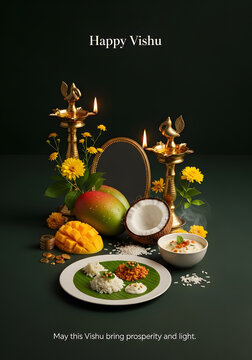 Happy Vishu New Year Celebration Luxury Poster with Traditional Vishukkani Arrangement, Mango, Coconut and Brass Oil Lamp, Ultra Realistic Photography Style