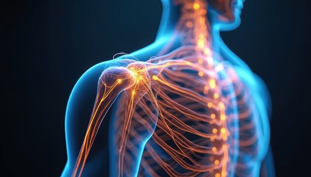Male human body shows shoulder arm nerves. Detailed network of brachial plexus pathways lights up in orange. Medical science, neurology and anatomy concept.
