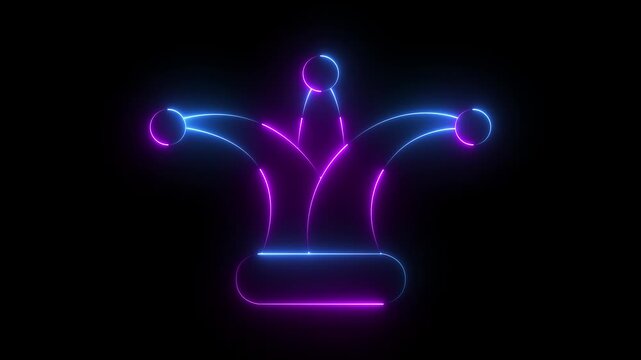 Glowing neon Jester joker Hat Icon Animation on Black Background. Neon Clown Hat with Bells. Casino gambling. Colorful Circus Festival, Masks and Party Elements, carnival character animation