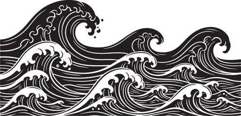 Fototapeta premium Black and white illustration of ocean waves crashing strongly