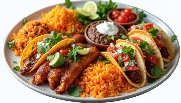 Platter of authentic Mexican food featuring tacos enchiladas and refried beans. Served with mexican rice garnished with cilantro lime and tomatoes. A delicious and savory meal.