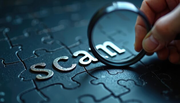 Magnifying glass inspects puzzle pieces forming word scam. Hand examines words on dark background. Investigate fraud, deception, and deception tactics.