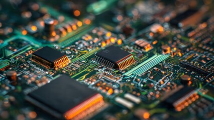 Obraz premium Close-up of a computer circuit board with various components and data transferring connections in a blurred, cinematic view with warm orange