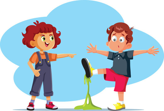 Child Laughs at a Classmate He Played a Prank On Illustration. Mean evil prankster bully making an insensitive joke on Aprils fools day