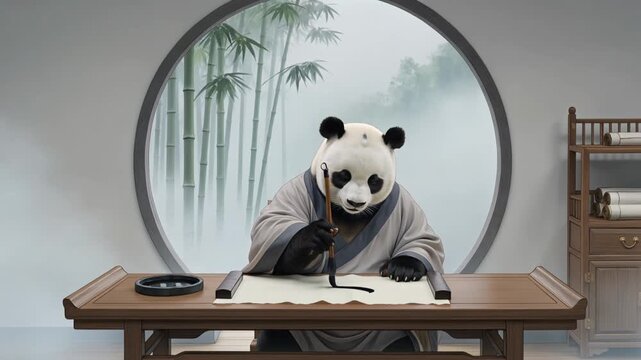 A panda in a traditional robe writes calligraphy on a scroll at a wooden desk in a serene bamboo forest inspired room.