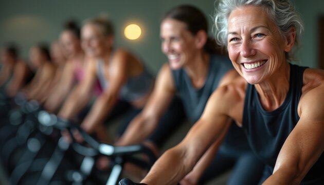 Senior woman smiles during indoor cycling class. Group rides stationary bikes in gym. People train together for cardio health and fun. Active lifestyle for older adults.