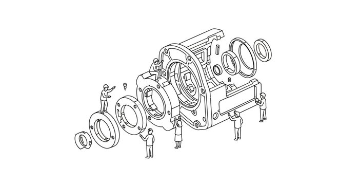 Detailed mechanical CAD assembly illustration of industrial machine parts with exploded view and technical drawing on a clean white background.