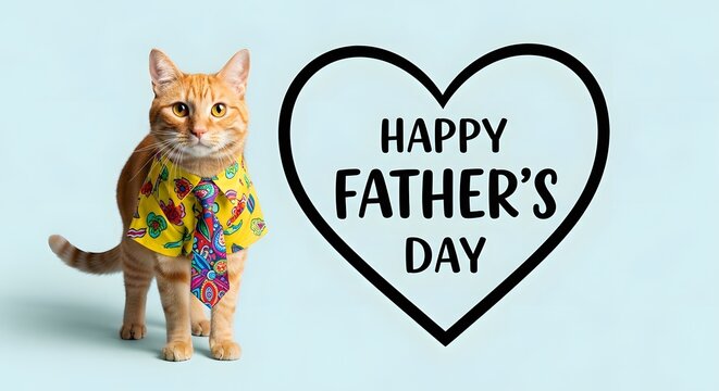 Happy father's day greeting with adorable cat wearing colorful shirt