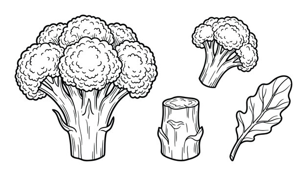 Broccoli set black and white vector illustration whole head florets stem cut and leaf element