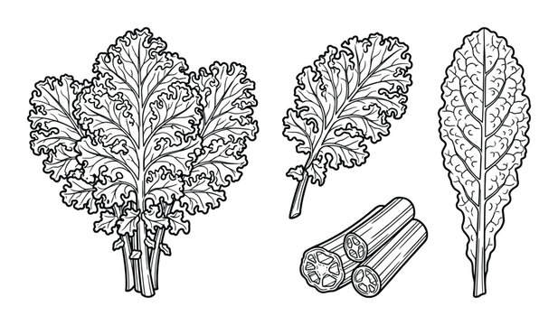 Bunch kale leaves with stems and cross sections of kale stalks isolated on white