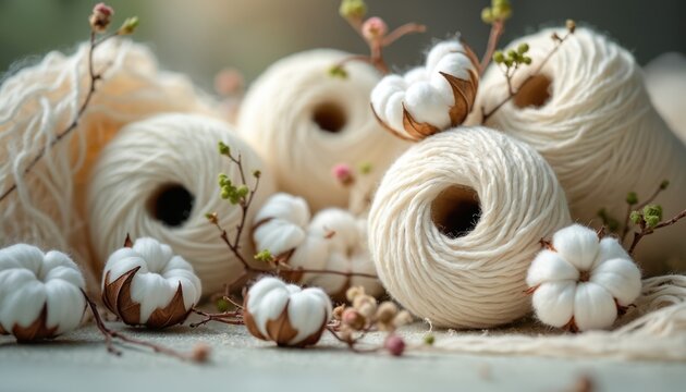 Creamy cotton yarn rolls and bolls arranged with small flowering branches. Natural textile materials for crafting sewing and eco friendly fabric production. Soft fibers detail.