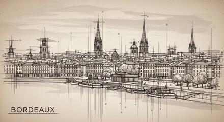 Fototapeta premium Sketch of a historic european city skyline with prominent church spires and river reflections, evoking vintage travel and architecture, old town