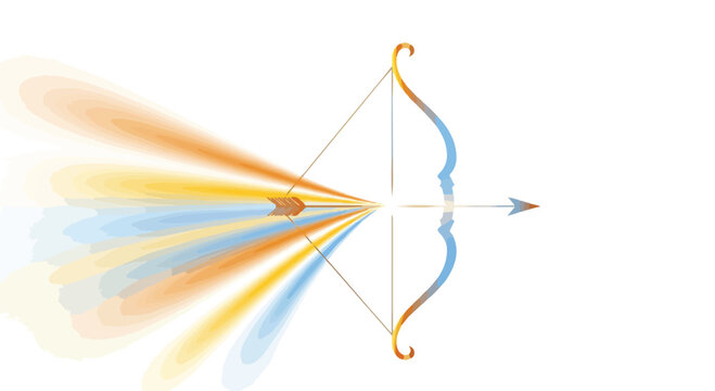 A vibrant bow and arrow illustration with colorful, streaking lights on a white background, conveying a dynamic and celebratory mood for Ram Navami.