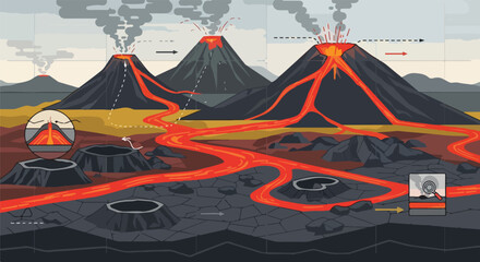 A diagram depicts a volcanic eruption and lava flows across a desolate landscape © Jamal