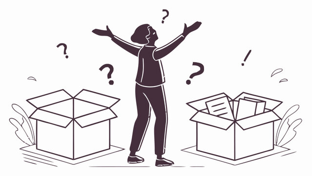 Person surrounded by open boxes with question marks symbolizing confusion and decision making in business or daily life