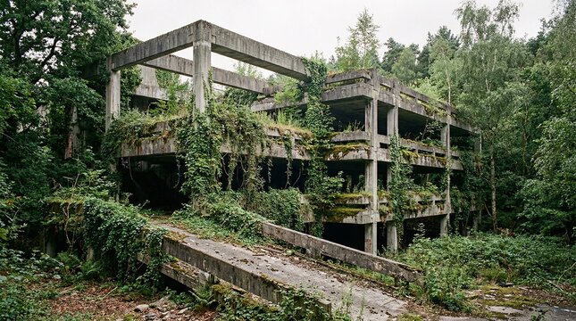 Overgrown vegetation reclaiming abandoned brutalist concrete parking structures, stark harsh geometry of grey concrete softened by cascading vines.