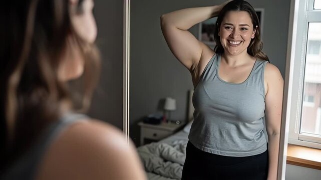 Womans Journey from SelfDoubt to Body Positivity and Confidence Reflected in Mirror.
