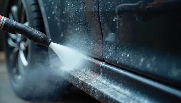 Steam cleaner nozzle sprays hot vapour onto car door jamb. Pro auto detailing removes grease grime dirt. Vehicle maintenance service with tool at garage.