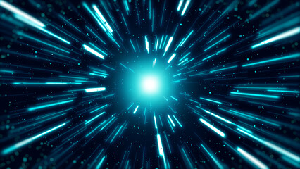  眩しい光と宇宙空間をワープするイメージの背景素材（青） © TOMO...