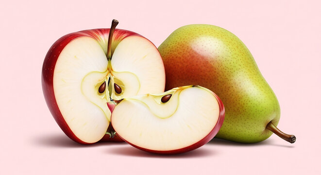 リンゴと梨の静物写真が明るい光の中で輝く