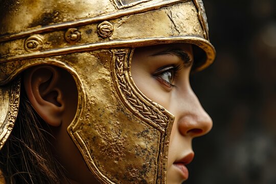 A woman wearing a golden helmet with a face mask on