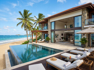 Fototapeta premium Luxurious beachfront villa with infinity pool and lounge chairs on a sunny day by the ocean.