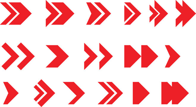 Set of red double arrow and chevron vector icons isolated on white background