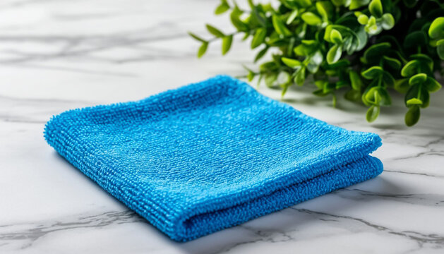 Blue Cleaning Cloth on White Marble Surface Housekeeping Supplies Flat Lay