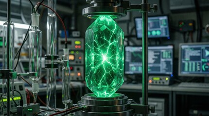 Obraz premium Futuristic scientific laboratory with a glowing green crystal specimen under examination