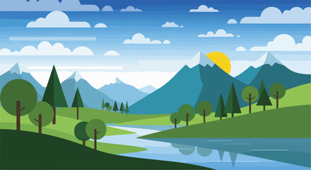Fototapeta premium A geometric illustration of a landscape with mountains, trees, and river