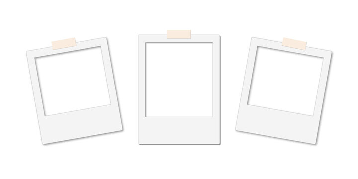 overlay of instant photo frame and polaroid picture wall frames realistic portrait blank film frame mockup with adhesive tape shadow effect on transparent background for mockup design