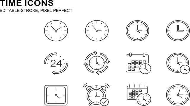 Time and Clock Icon Set with Vector Line Art of Analog Clocks, Alarm Clocks, Calendars, 24 Hours Service, and Scheduling Symbols