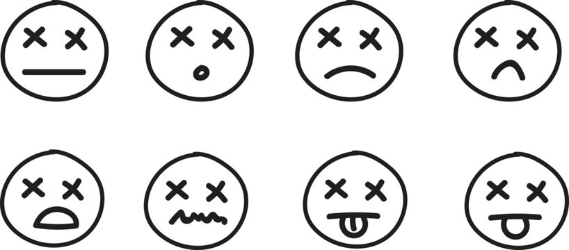 Collection of hand drawn dead face emojis with crossed eyes in doodle style.