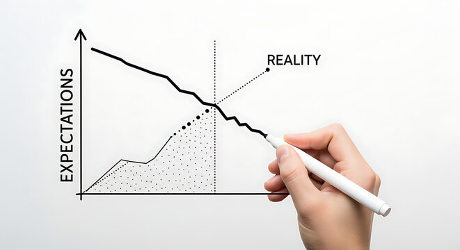 Businessman drawing reality check graph with expectations vs reality concept