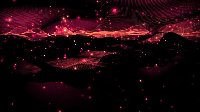 Abstract pink and magenta digital wave background with glowing particles, halftone mesh patterns, and fluid light motion