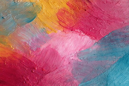 Close Up Thick Textured Brushstrokes Vibrant Pink Red Orange Yellow Blue Oil Paint Abstract Fine Art