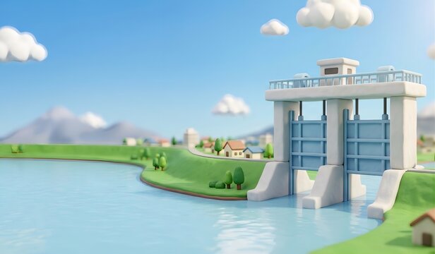 [3D] クレイアニメ風の河川の巨大な水門と堤防（治水・洪水対策・インフラ）