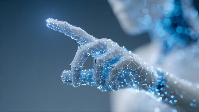 Close-up of a futuristic robotic hand with glowing blue digital particles.