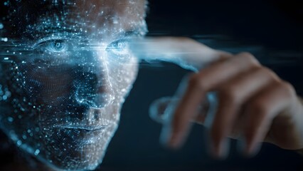 Obraz premium Futuristic Digital Human Face with Glowing Blue Circuits and Data Streams.