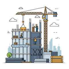 Naklejka premium A construction scene with workers, crane, building materials, and city background