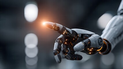 Fototapeta na wymiar Robotic Hand Finger Pointing Towards Glowing Light Futuristic Technology Concept.