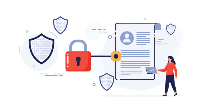 Data privacy and secure documentation concept with a person using a laptop next to a locked file and multiple shield icons.