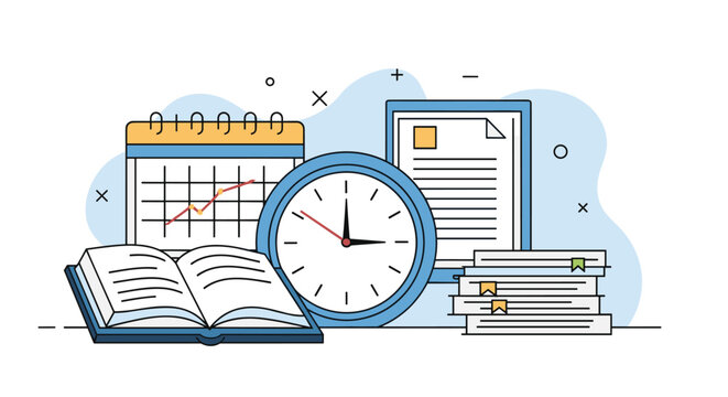 Academic planning and time management concept showing a clock and calendar with a growth chart next to an open book and textbooks.